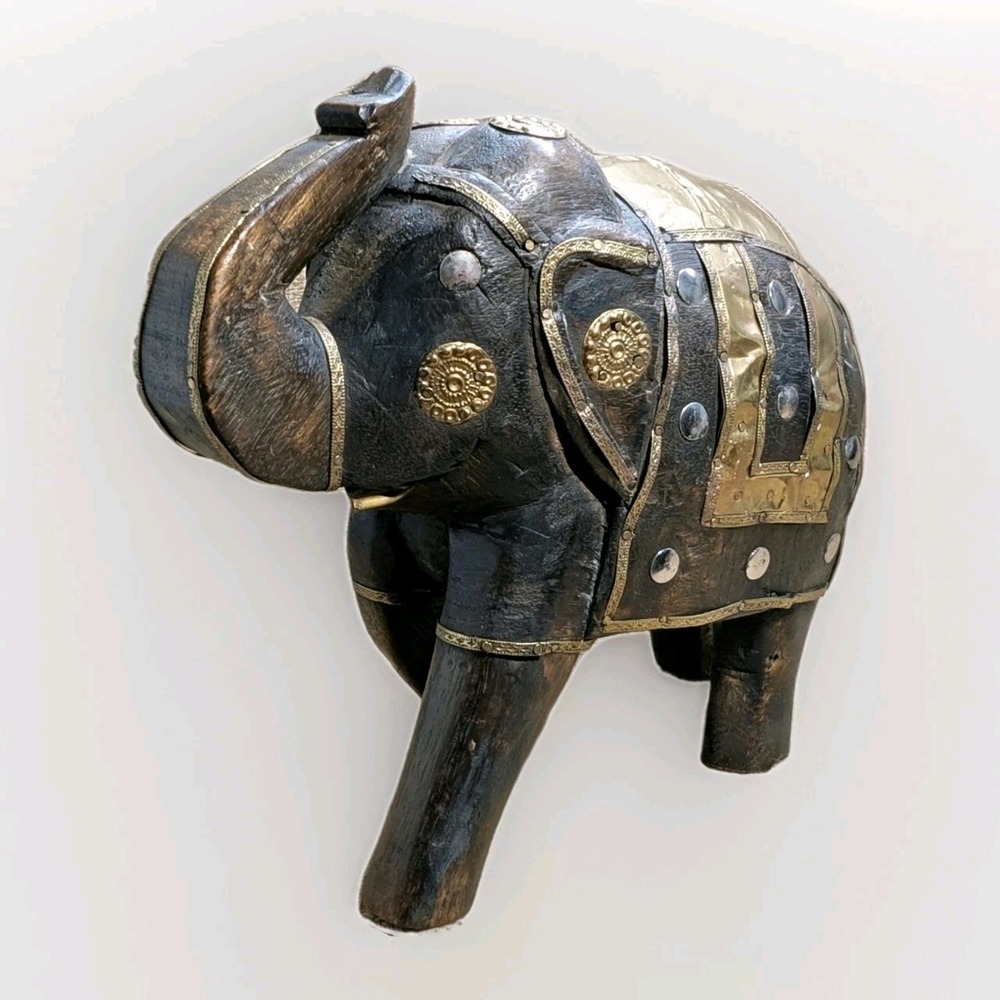 Vintage Elephant Indian Hand Carved Wood Brass Inlay Metal Studs 10"Rustic Boho